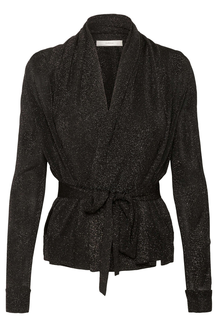 Cardigan Thani à effet scintillant avec foulard intégré en tissu lumineux et coupe fluide, idéal pour un look élégant et sophistiqué.