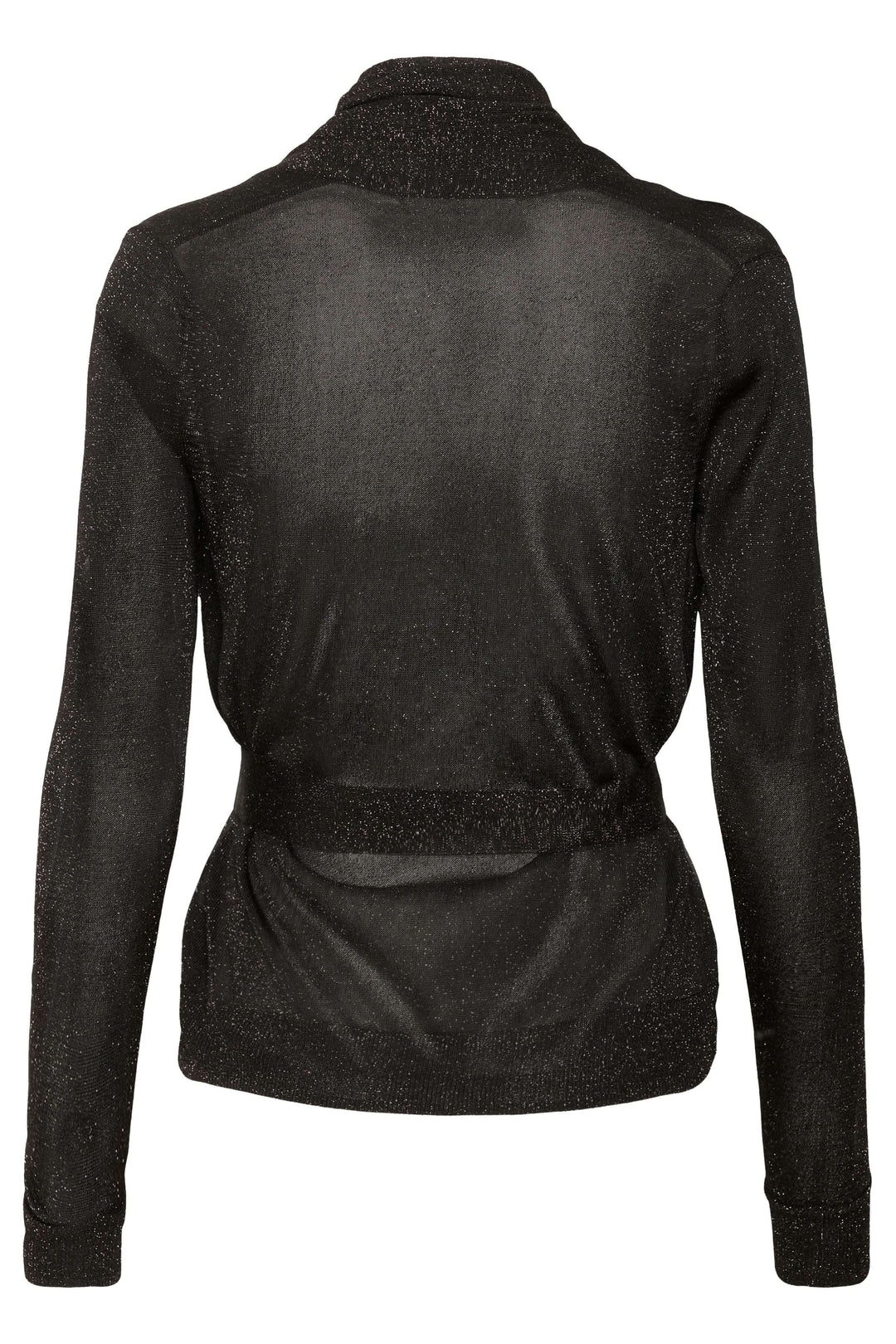 Vue arrière du Cardigan Thani à effet scintillant avec foulard intégré, montrant son tissu lumineux et ses manches longues élégantes.