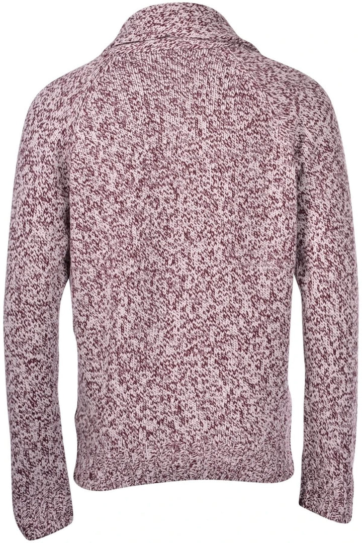 Cardigan à col châle en bordeaux et blanc, avec texture mouchetée et boutons en bois.