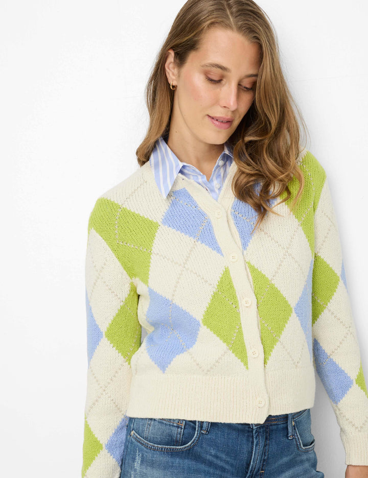 Cardigan court à motif losanges ANN en tricot doux, coupe courte, avec fermeture boutonnée, style rétro moderne pour femme.