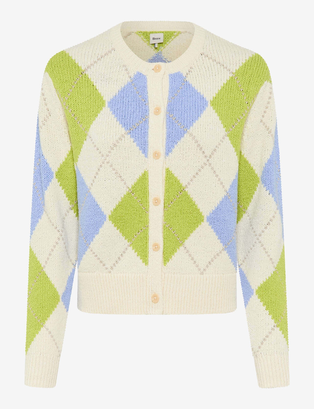 Cardigan court à motif losanges ANN, style rétro avec coupe courte et féminine, texture tricotée et fermeture boutonnée devant
