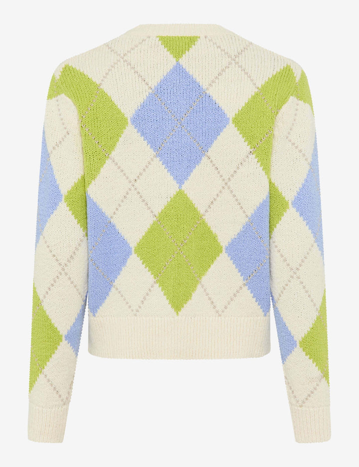 Cardigan court à motif losanges ANN en maille rétro avec losanges verts et bleus, fermeture boutonnée, coupe féminine moderne.