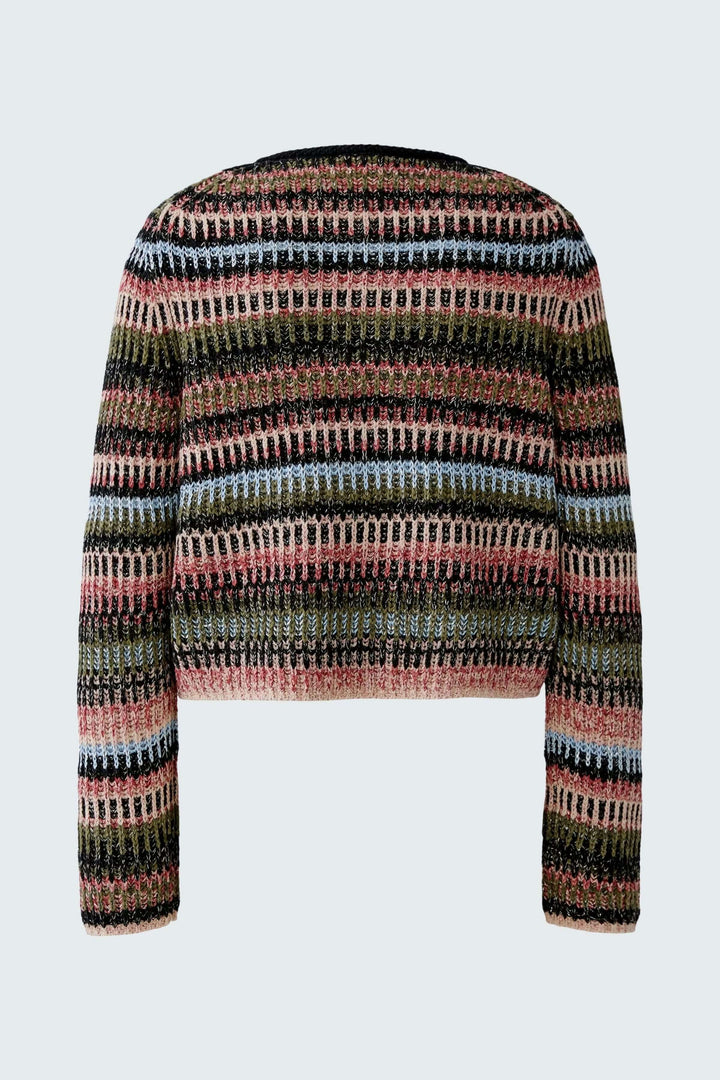 Cardigan en maille texturée à motif graphique multicolore, coupe droite et encolure ronde, vue arrière complète.