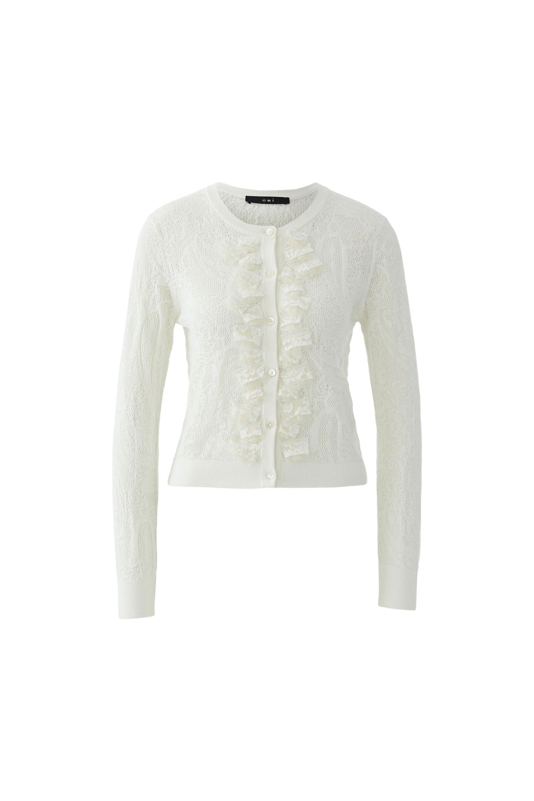 Cardigan en maille ajourée à volants avec fermeture boutonnée et volants décoratifs, élégant et féminin, couleur blanche.