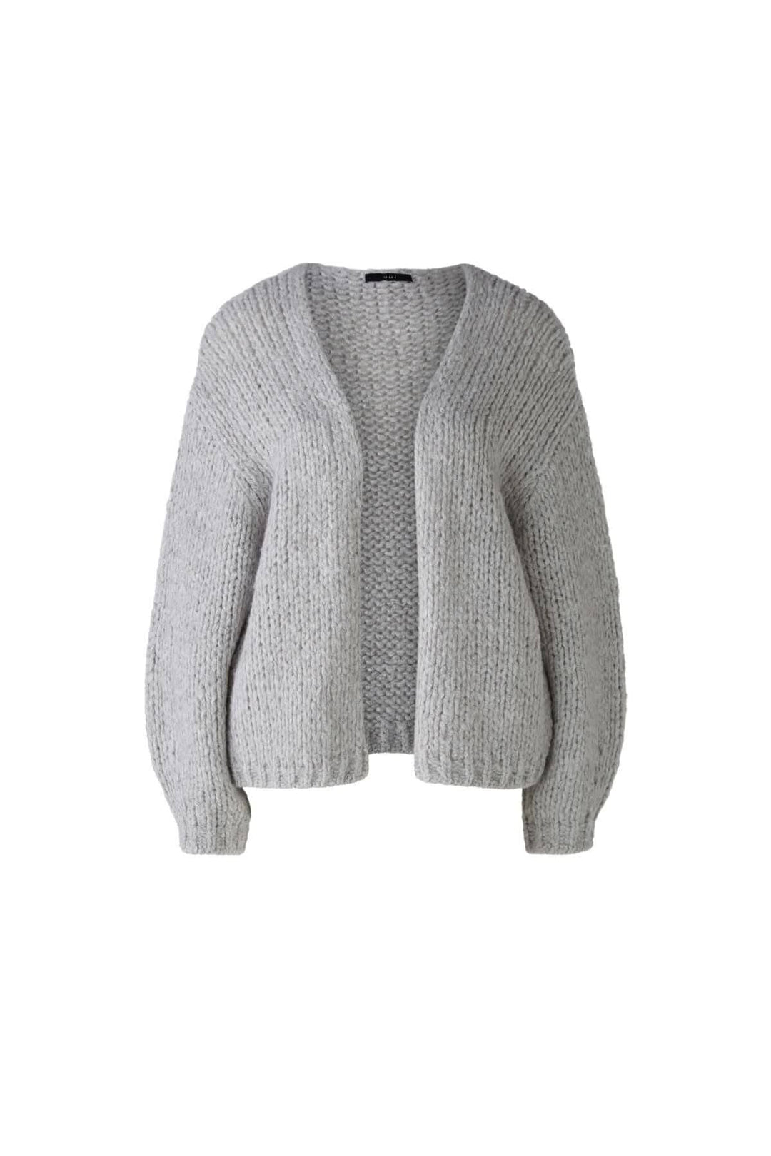 Cardigan sans boutons en tricot gris avec encolure en V et manches longues, parfait pour un style décontracté.