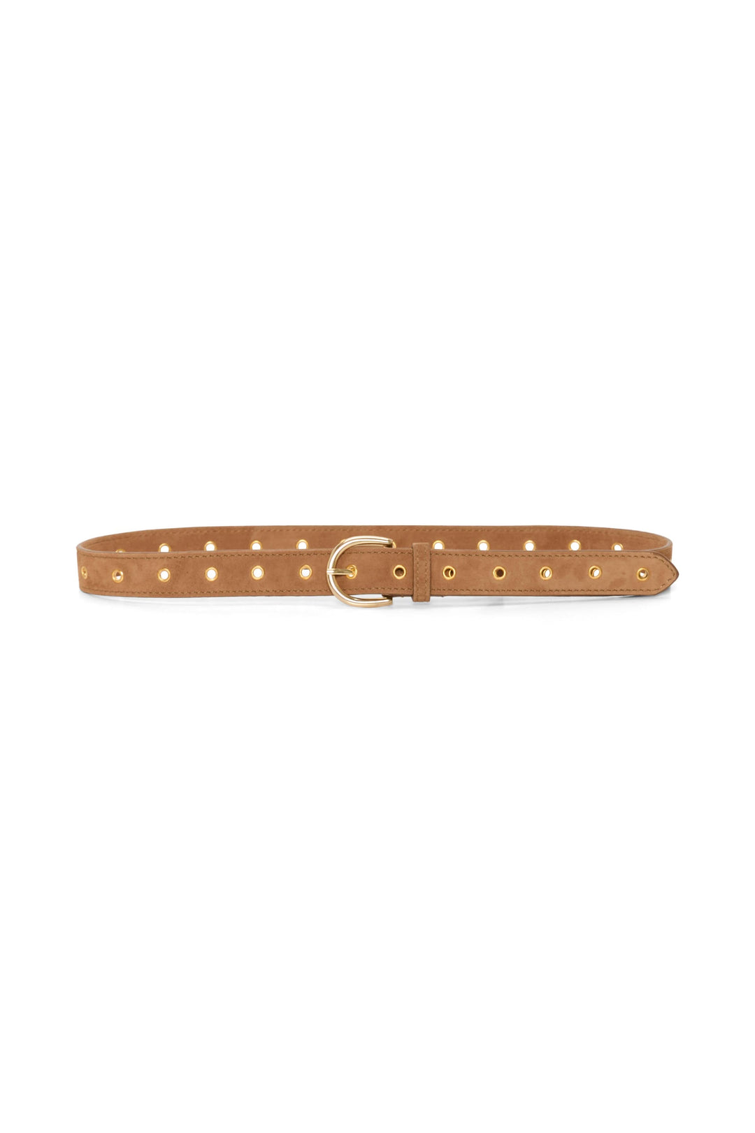 Ceinture en suède avec œillets dorés et boucle ronde, idéale pour accessoriser une tenue élégante.