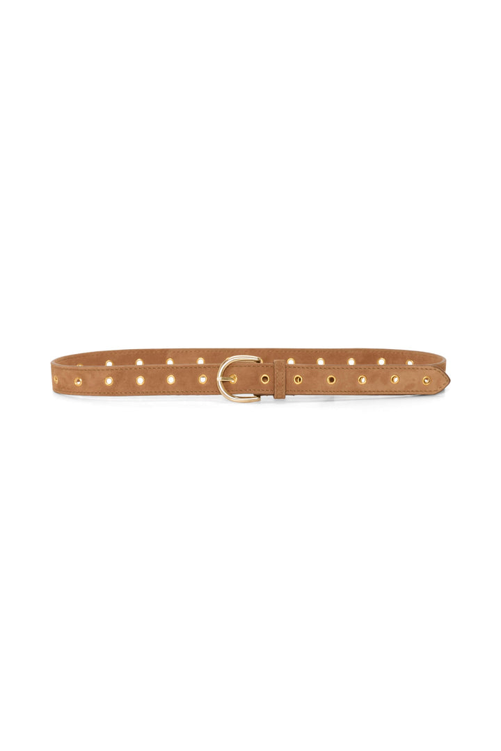 Ceinture en suède avec œillets dorés et boucle ronde, idéale pour accessoriser une tenue élégante.