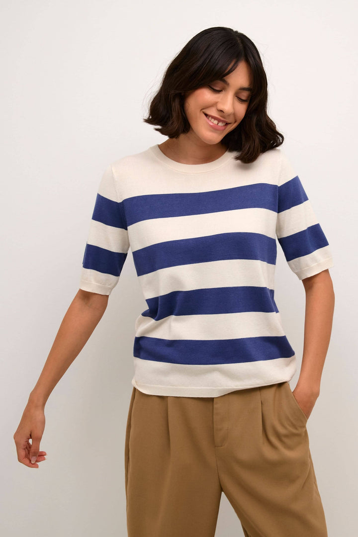Chandail Lizza à manches courtes, motif ligné bleu et blanc, avec encolure ronde, style décontracté.