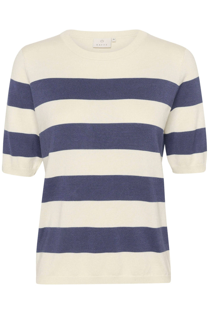 Chandail Lizza à manches courtes, motif ligné bleu et blanc, coupe standard, style décontracté.