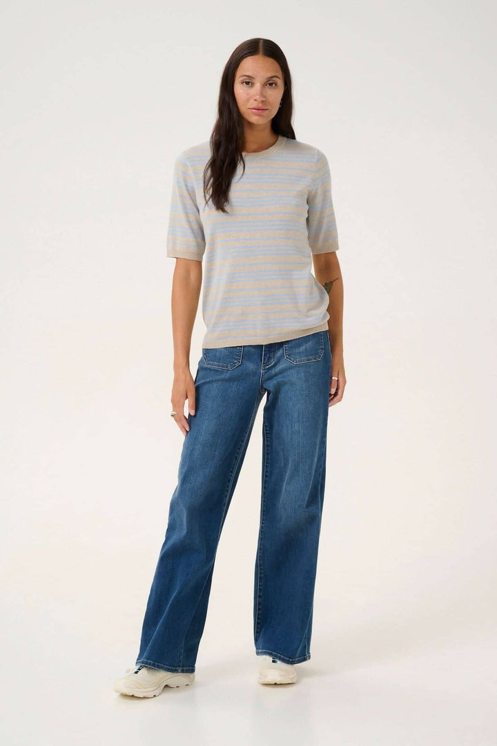 Chandail Lizza à manches courtes, motif ligné, coupe régulière, porté avec un jean casual.