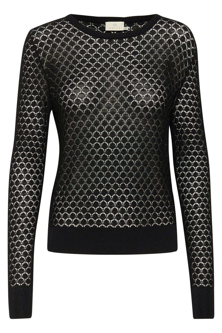 Chandail Raiko en maille ajourée noir avec motif géométrique, parfait pour une tenue raffinée et superposition.