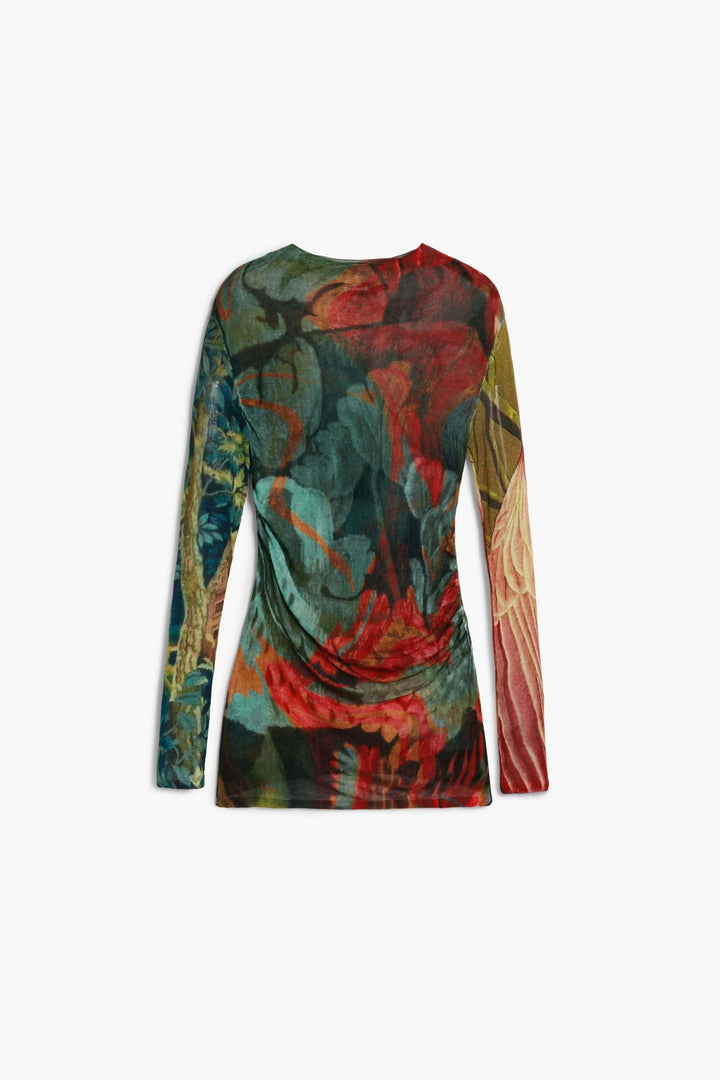 Chandail ajusté à col montant avec imprimé floral automnal, fronces latérales pour un look artistique et contemporain. Style moderne.