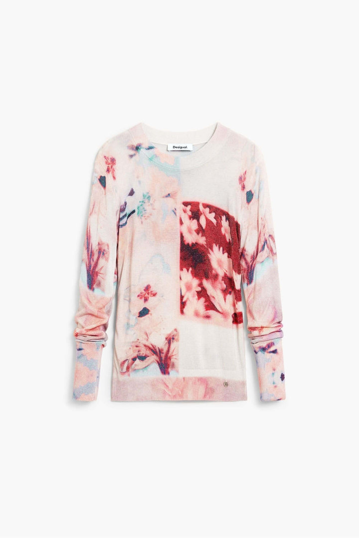 Chandail avec collage artistique sur fond blanc, manches longues, coupe ajustée, convient à une garde-robe moderne polyvalente.