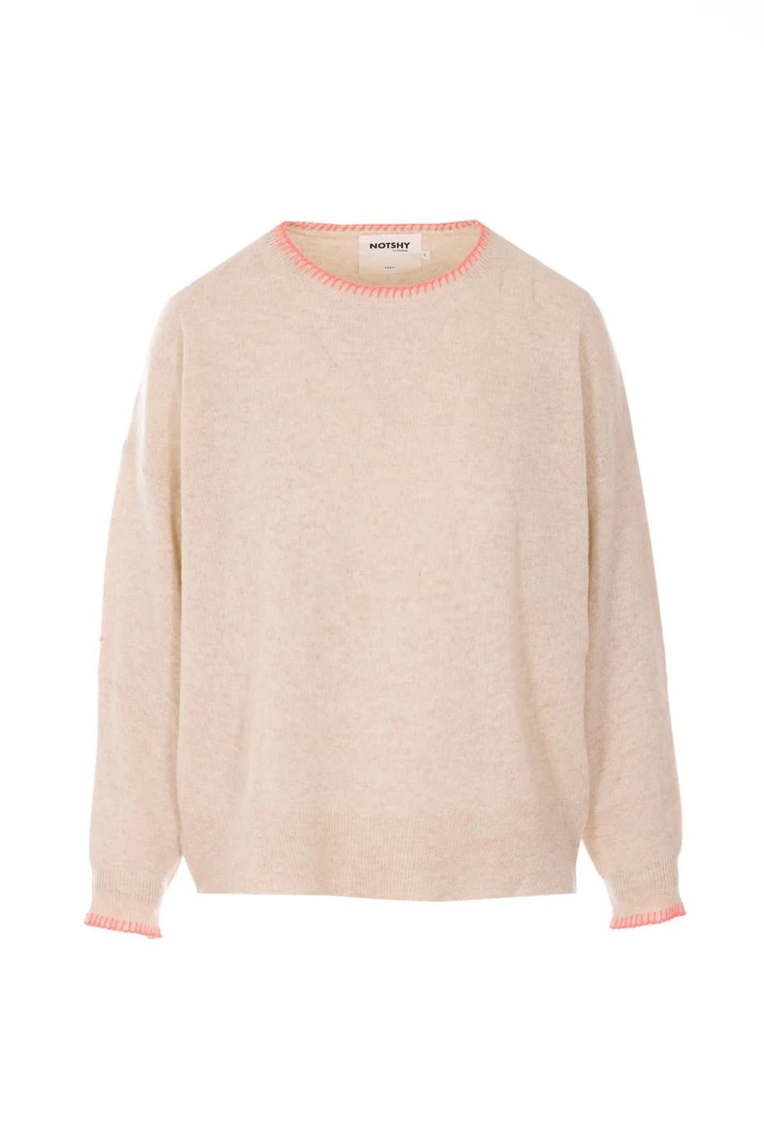 Chandail brodé Charlie en maille beige avec finitions contrastantes, coupe droite et manches longues, idéal pour un look décontracté.