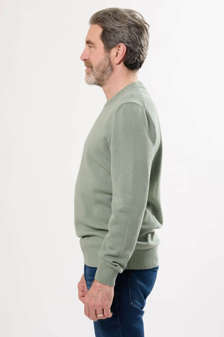 Chandail à col rond en coton doux, coupe droite, porté par un homme, couleur vert, style décontracté.