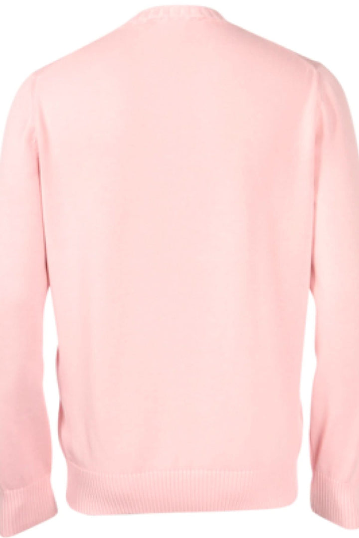 Chandail à col rond rose, dos, en coton doux avec finitions côtelées pour un look décontracté.