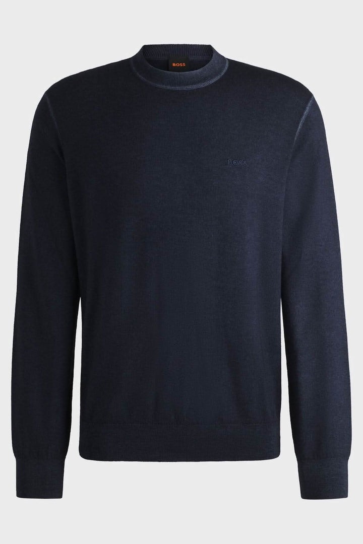 Chandail col rond en laine BOSS, coupe régulière, doux et respirant, logo brodé sur la poitrine, coloris noir.