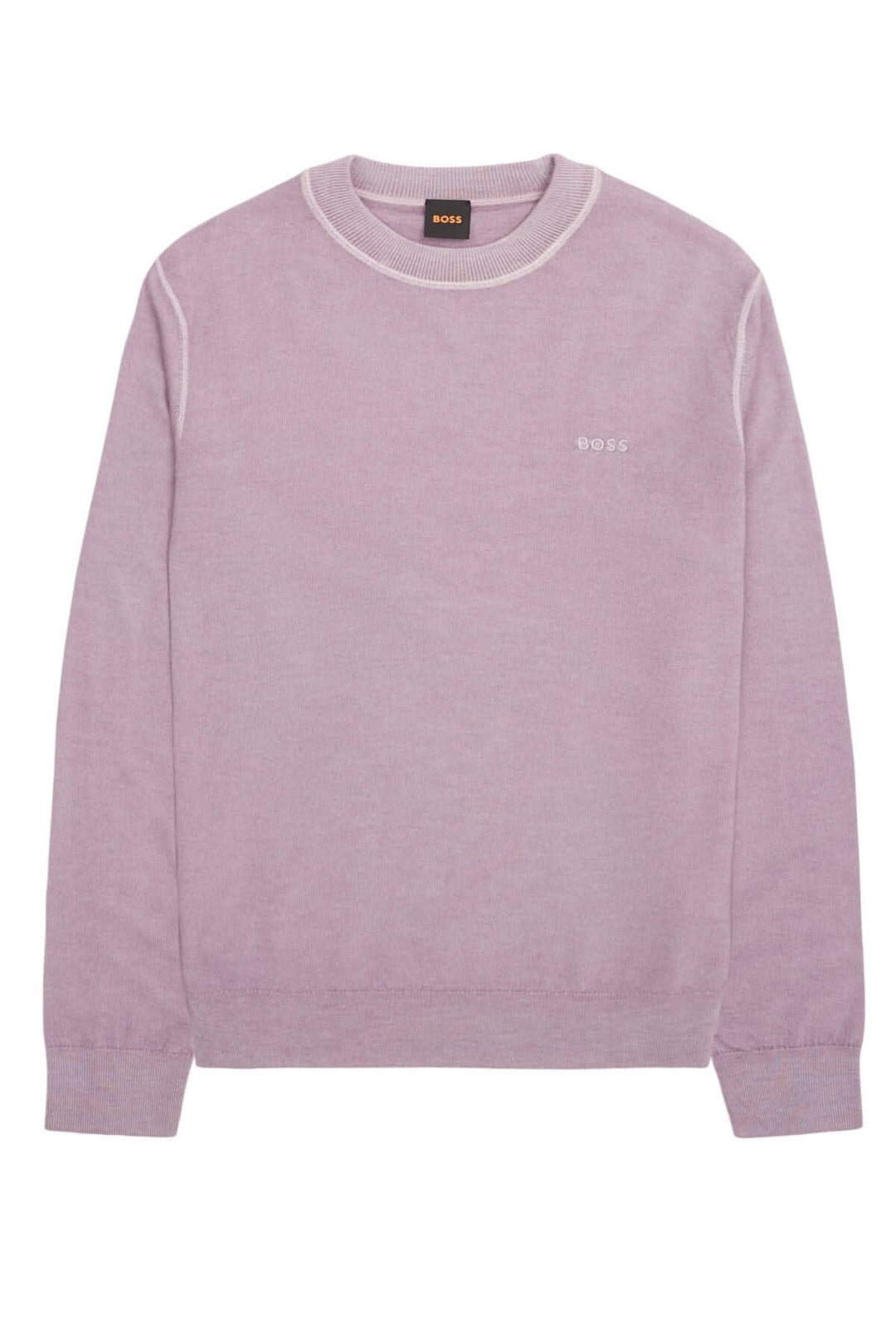 Chandail col rond en laine BOSS, couleur lilas, coupe régulière, logo brodé sur la poitrine.