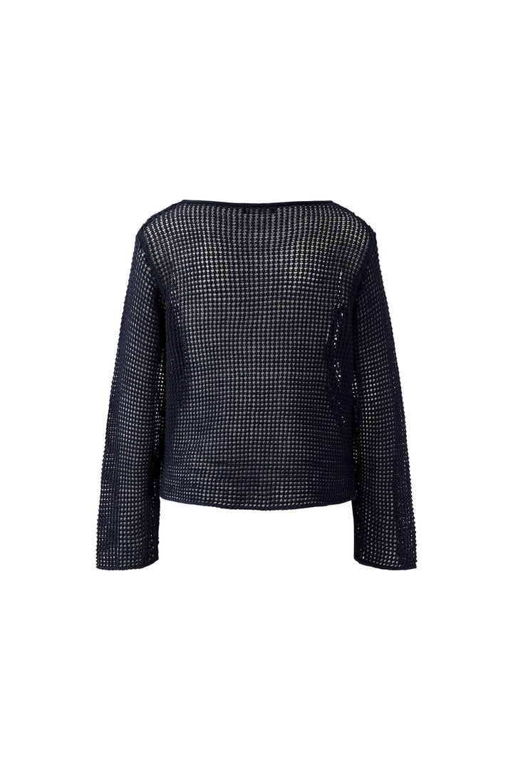 Chandail en maille ajourée à manches longues au style moderne, texture filet, avec encolure dégagée, idéal pour superpositions.