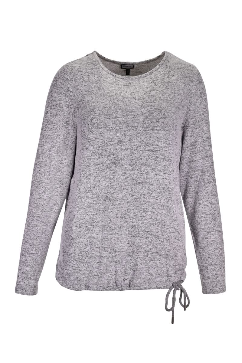 Chandail en maille douce avec cordon ajustable à l'ourlet, manches longues et texture chinée pour un style moderne et confortable.