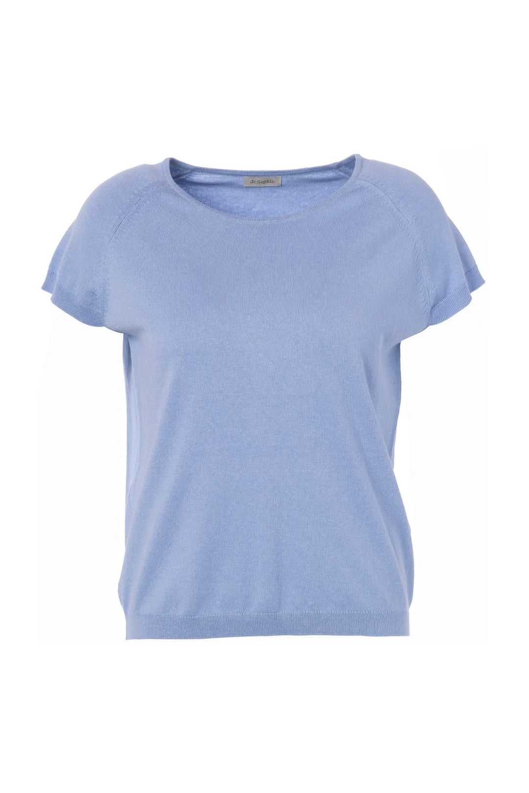 Chandail en maille à manches courtes bleu clair avec encolure ronde et coupe ample féminine.