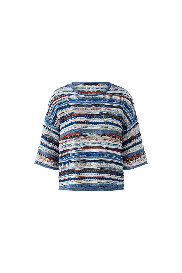 Chandail en maille multicolore à manches trois-quarts avec motif rayé horizontal, style décontracté-chic.