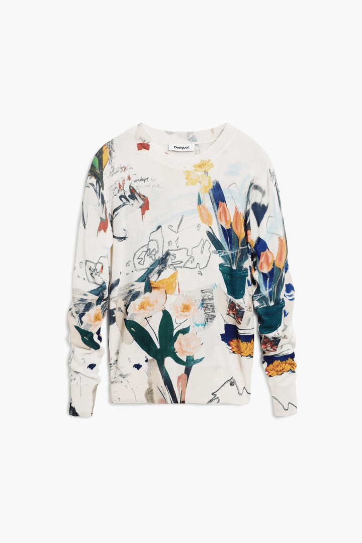 Chandail fin avec plantes à manches longues, motif artistique de plantes colorées, coupe ajustée, polyvalent pour tenue quotidienne ou soignée.