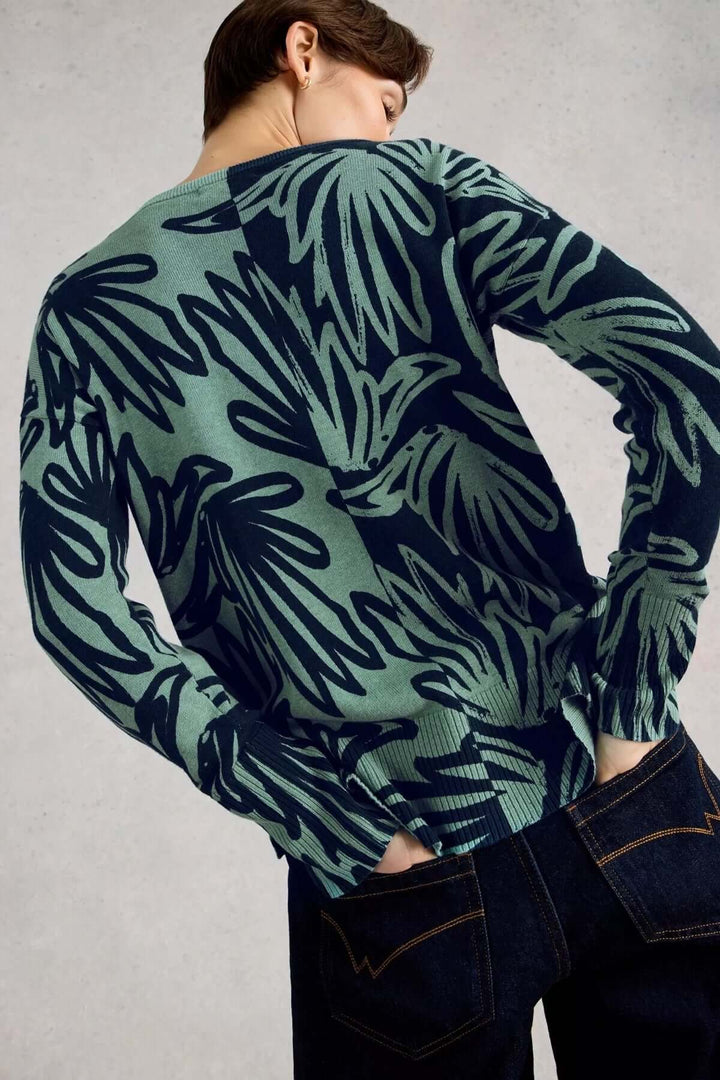 Chandail imprimé à manches longues Olive, coupe droite, doux, graphique, encolure ronde, détails côtelés, élégant et décontracté.