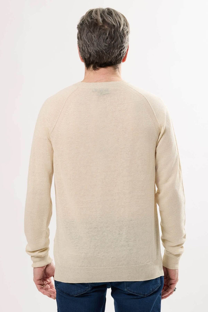Chandail à manches longues beige vu de dos, coupe régulière, encolure ronde, style élégant.