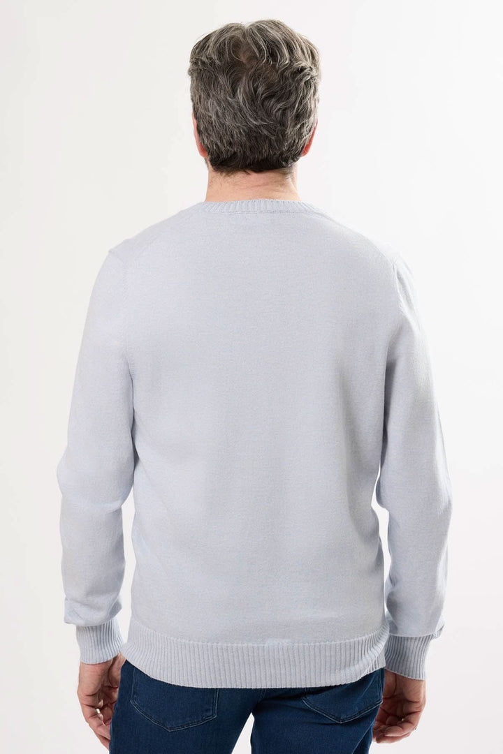 Chandail manches longues en coton et cachemire, vue arrière sur un homme portant un modèle léger et élégant.