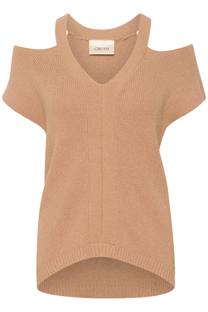 Chandail sans épaules beige avec encolure en V et manches courtes, idéal pour un look original.