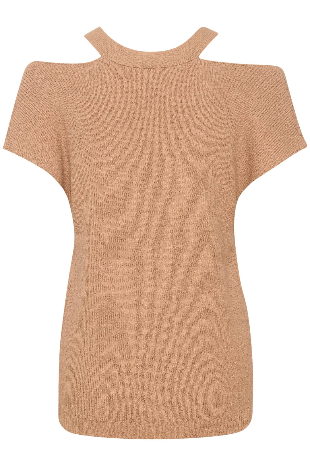 Chandail sans épaules beige avec découpe originale et manches courtes, encolure en V, coupe régulière.
