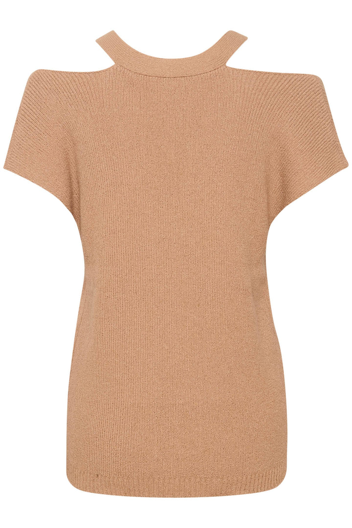 Chandail sans épaules beige avec découpe originale et manches courtes, encolure en V, coupe régulière.