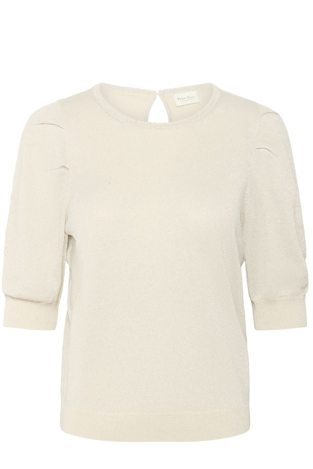 Chandail scintillant Varaia, manches courtes bouffantes, encolure ronde, texture élégamment scintillante, parfait pour toute tenue chic.