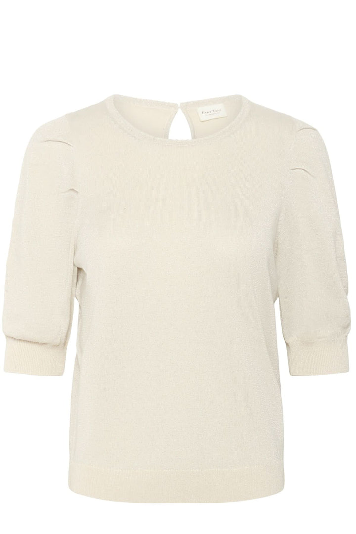 Chandail scintillant Varaia, manches courtes bouffantes, encolure ronde, texture élégamment scintillante, parfait pour toute tenue chic.