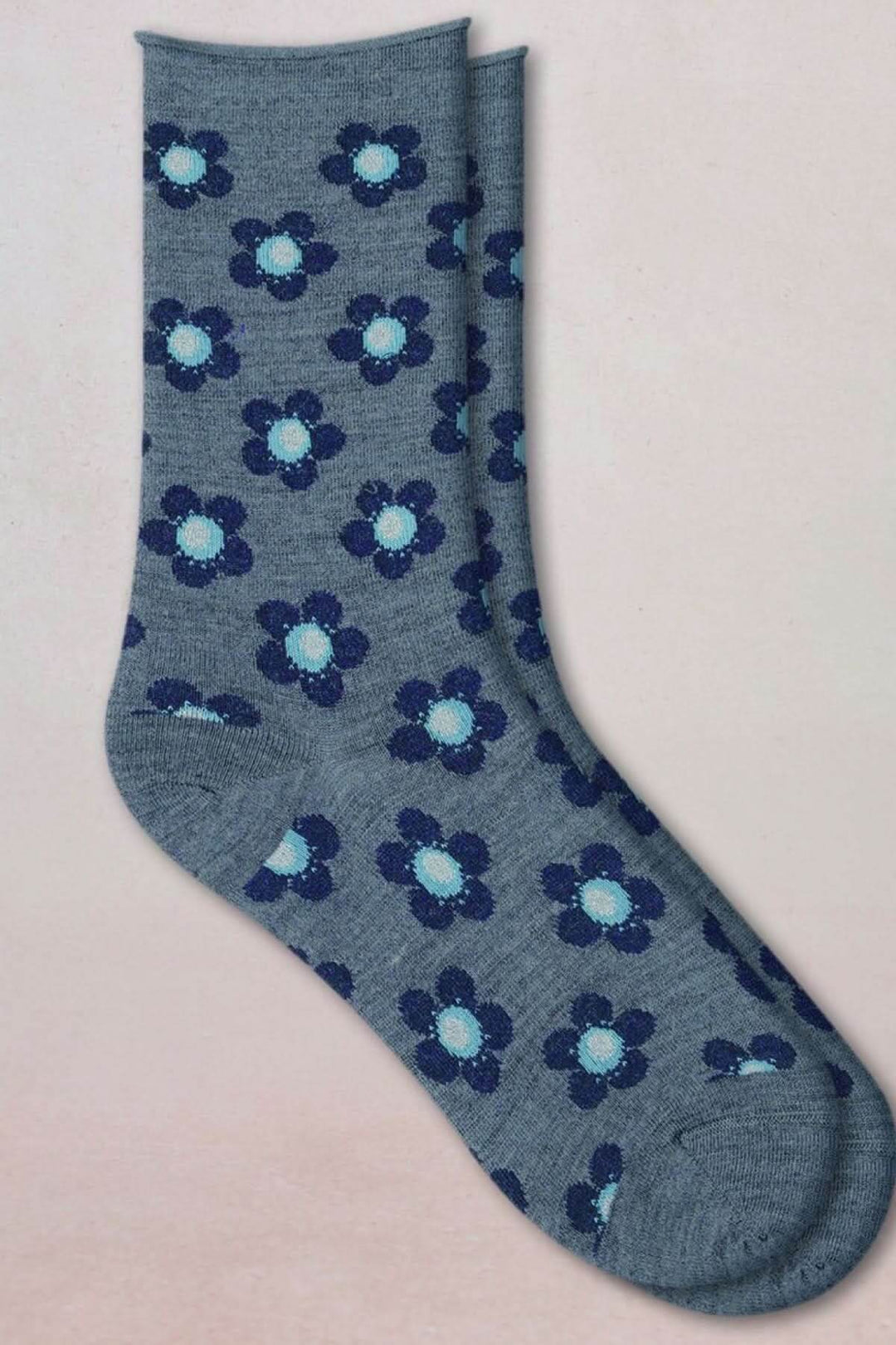Chaussettes en maille à petit motif floral, mi-mollet, avec motif floral bleu, bord-côte souple.