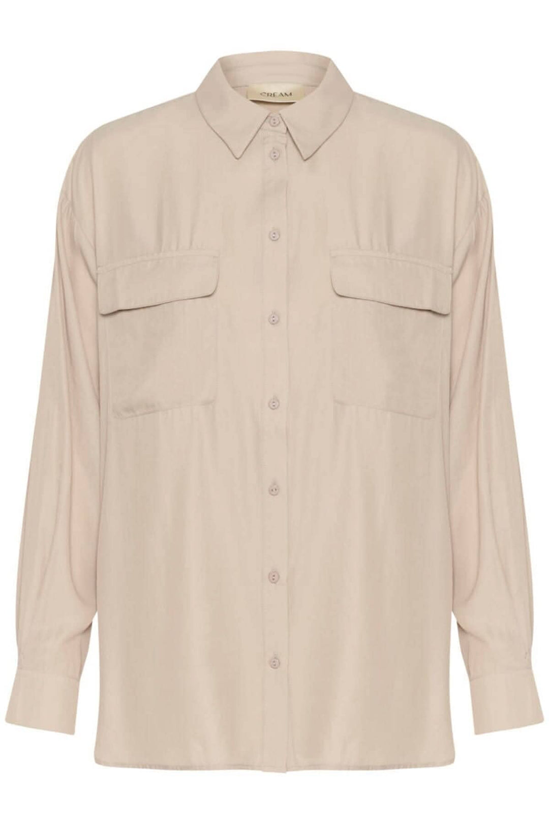 Chemise moderne beige à poches, manches amples et coupe fluide, parfaite pour un look décontracté et soigné.