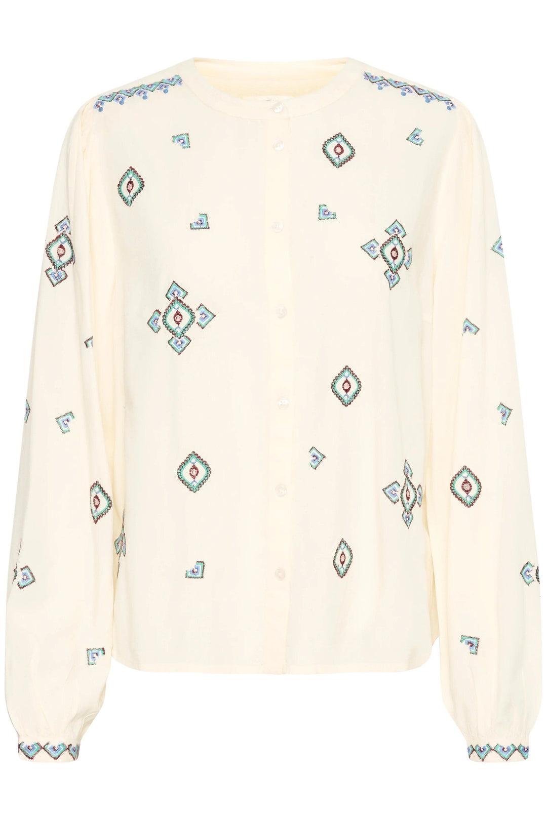 Chemise Isabell en viscose beige avec broderie colorée, manches longues et coupe droite, look intemporel.