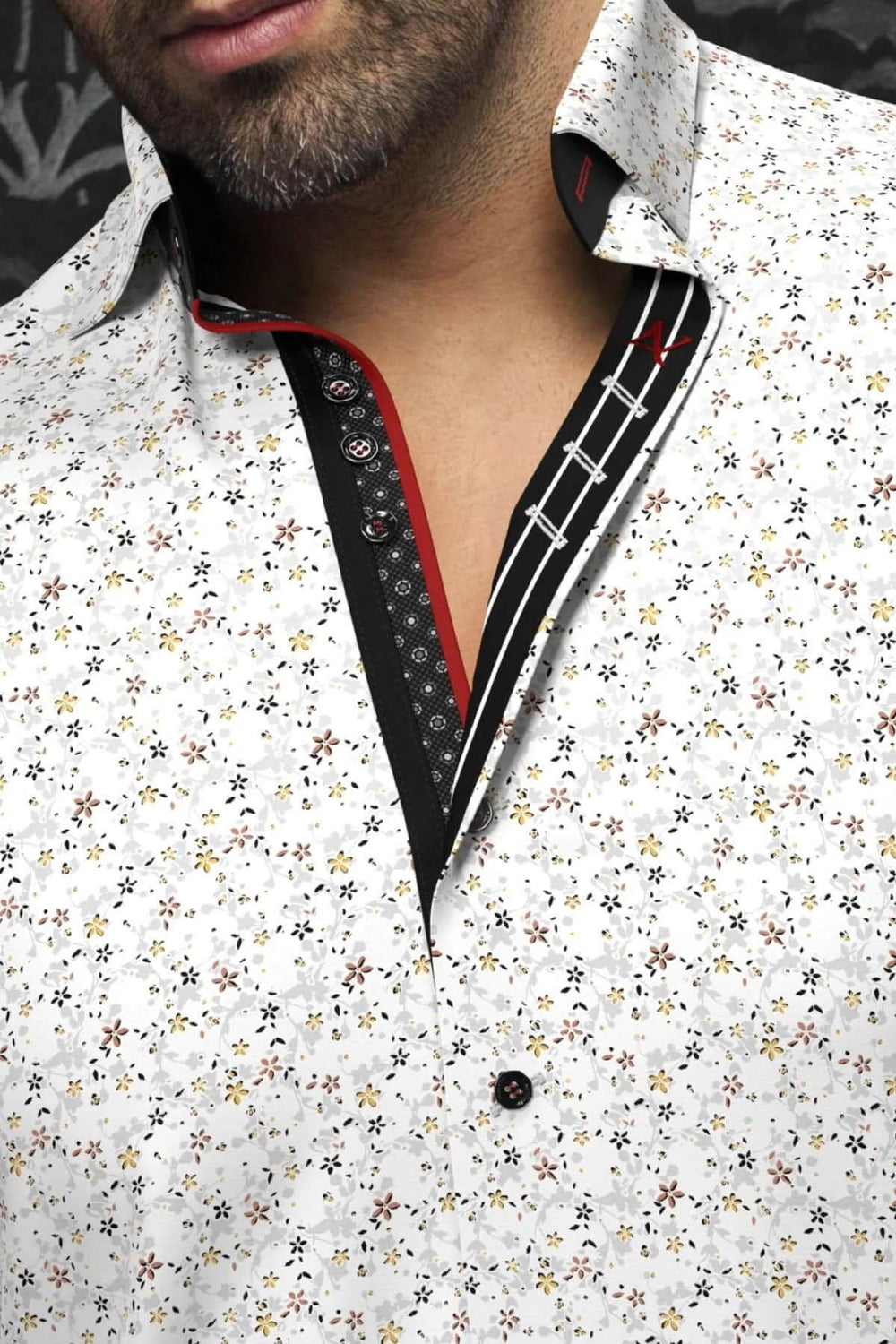 Chemise McBryde à motifs contrastants, tissu en coton extensible, boutonnière en angle, style décontracté et habillé.
