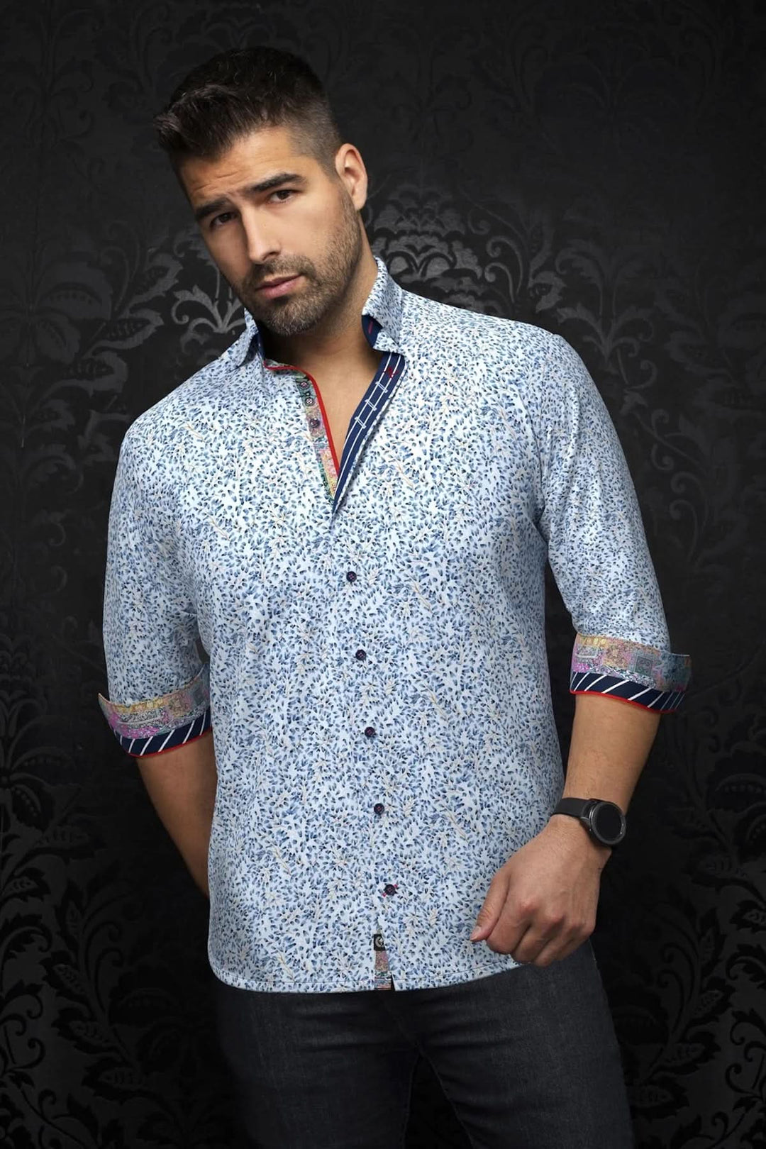 Chemise Quinn pour homme, mélange coton-spandex, motifs contrastants, style habillé et décontracté.