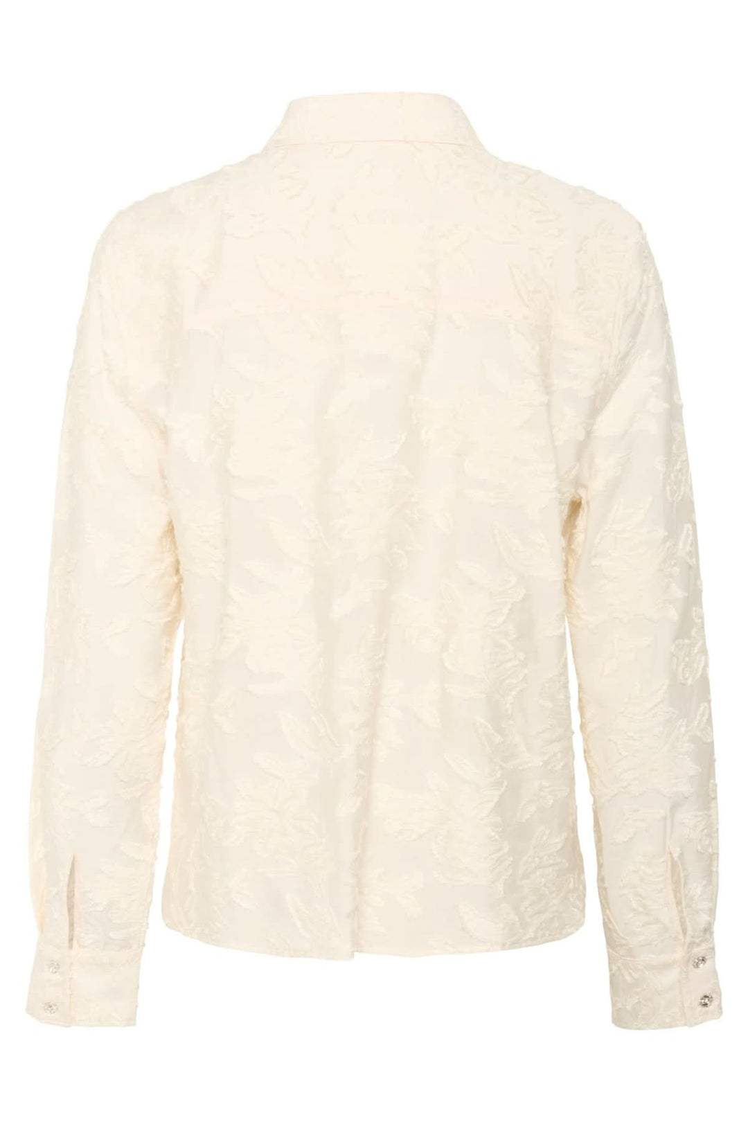 Chemise Vilya à relief floral ton sur ton avec manches longues et col classique, vue arrière détaillant le motif floral délicat.