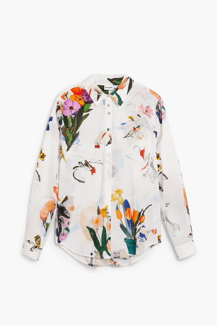 Chemise collage fleurs avec imprimé artistique floral, coupe fluide et élégante, idéale pour un style décontracté ou raffiné.