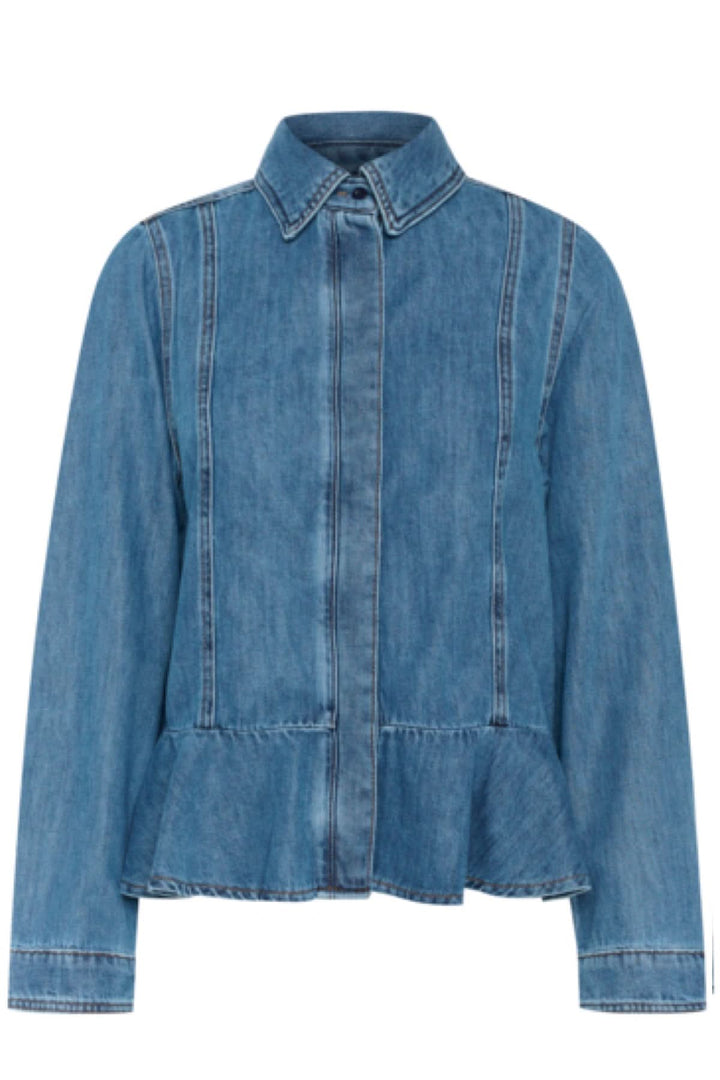 Chemise en jeans Sophina en denim péplum avec col structuré et ourlet flatteur, parfaite pour un look décontracté et féminin.