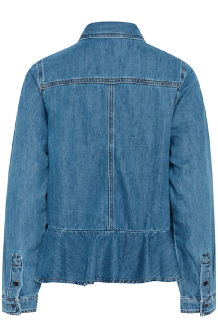 Chemise en jeans Sophina vue arrière, style péplum en denim avec col structuré et ourlet flatteur.