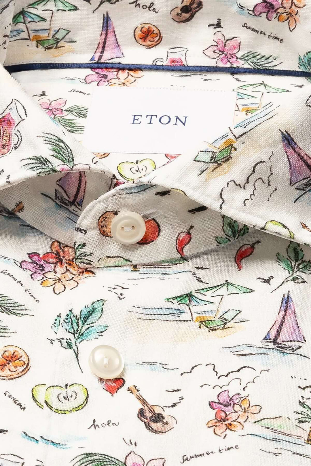 Chemise en lin Eton avec imprimé estival coloré de fleurs, fruits et plages, parfaite pour l&