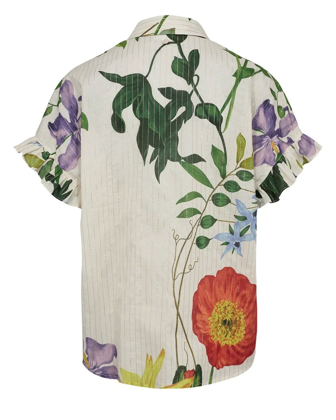 Chemise fluide imprimée à manches volantées avec motif floral, col classique, et manches courtes volantées.