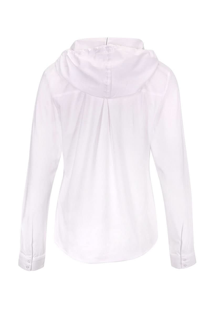 Chemise sportive blanche avec capuchon intégré, vue arrière montrant les détails de la coupe légèrement ajustée.