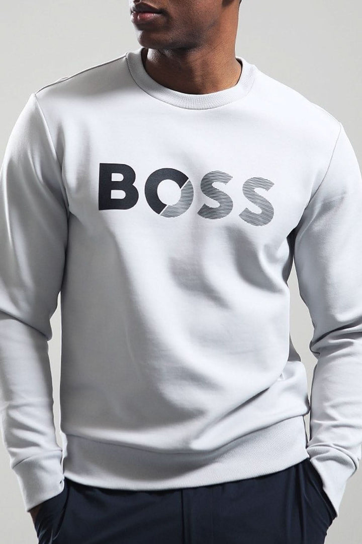 Chandail Coton ouaté Salbo en gris, avec logo BOSS, confortable et stylé, encolure ronde classique.