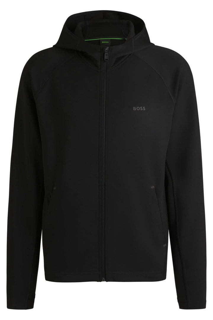 Veste sportive BOSS en coton ouaté, coupe régulière, capuche structurée et fermeture zippée.