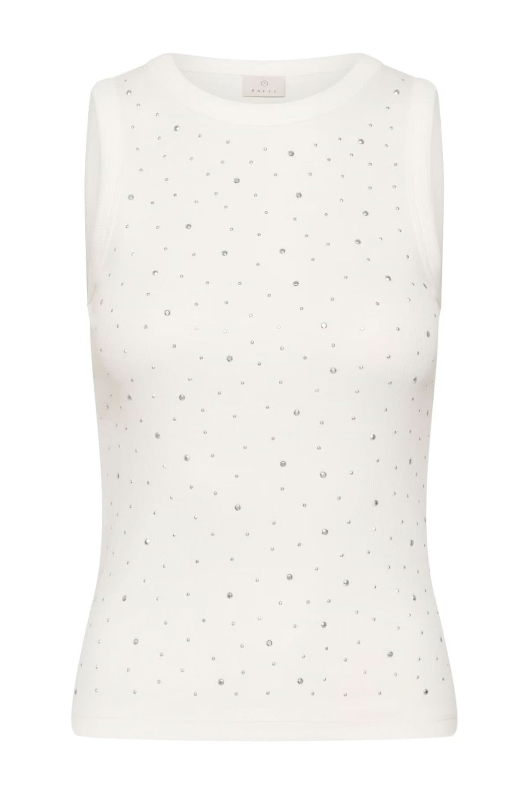 Débardeur sans manches blanc avec strass, encolure ronde et maille côtelée, idéal pour un style moderne et confortable.